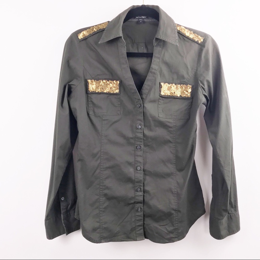 Express Army Green Button Down Sequin Detail 69-3 - image 1